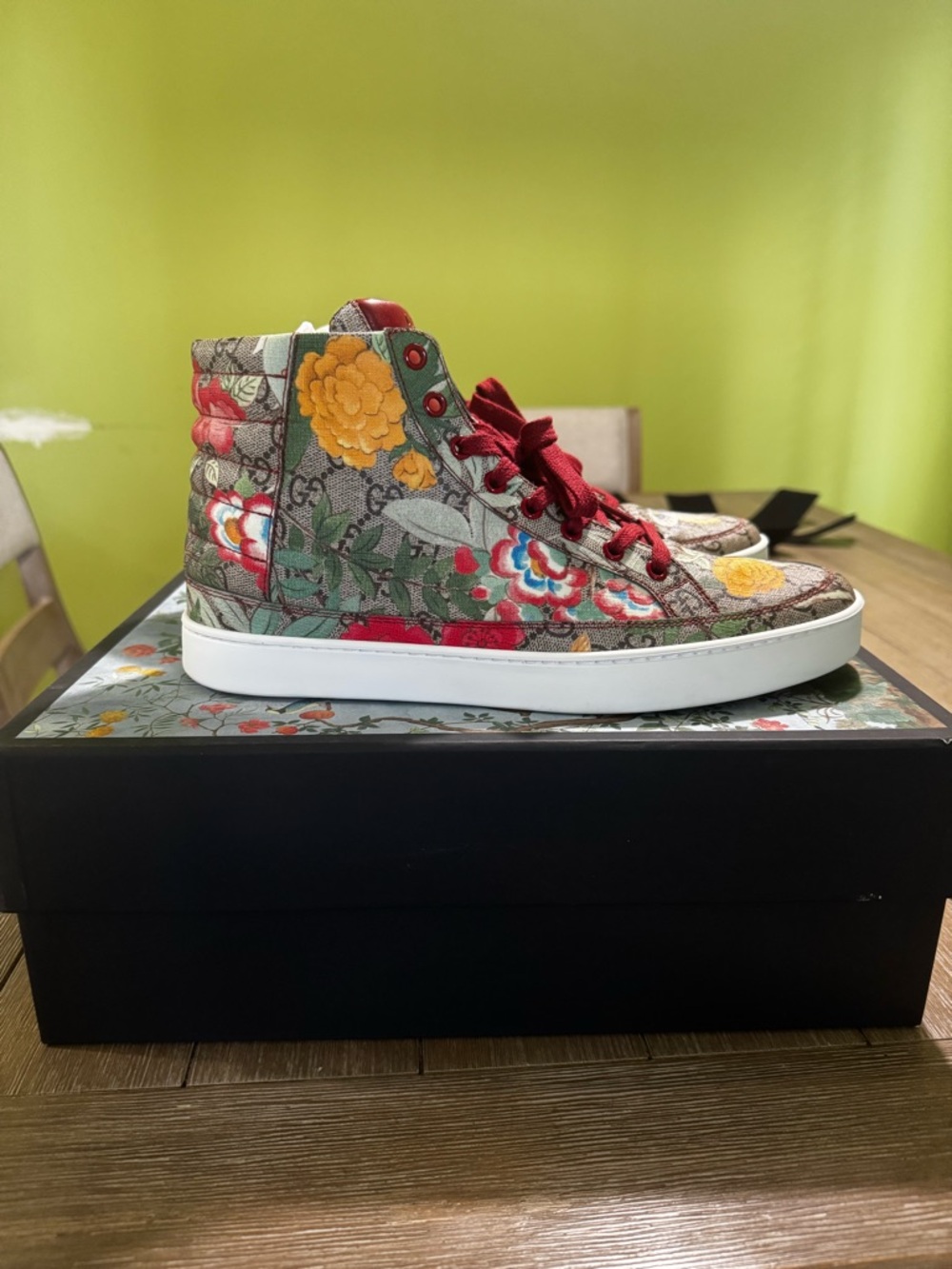 Gucci Tian GG Supreme Floral High Top Sneakers Size 10 (US) Red Lace AUTHENTIC - Picture 4 of 14